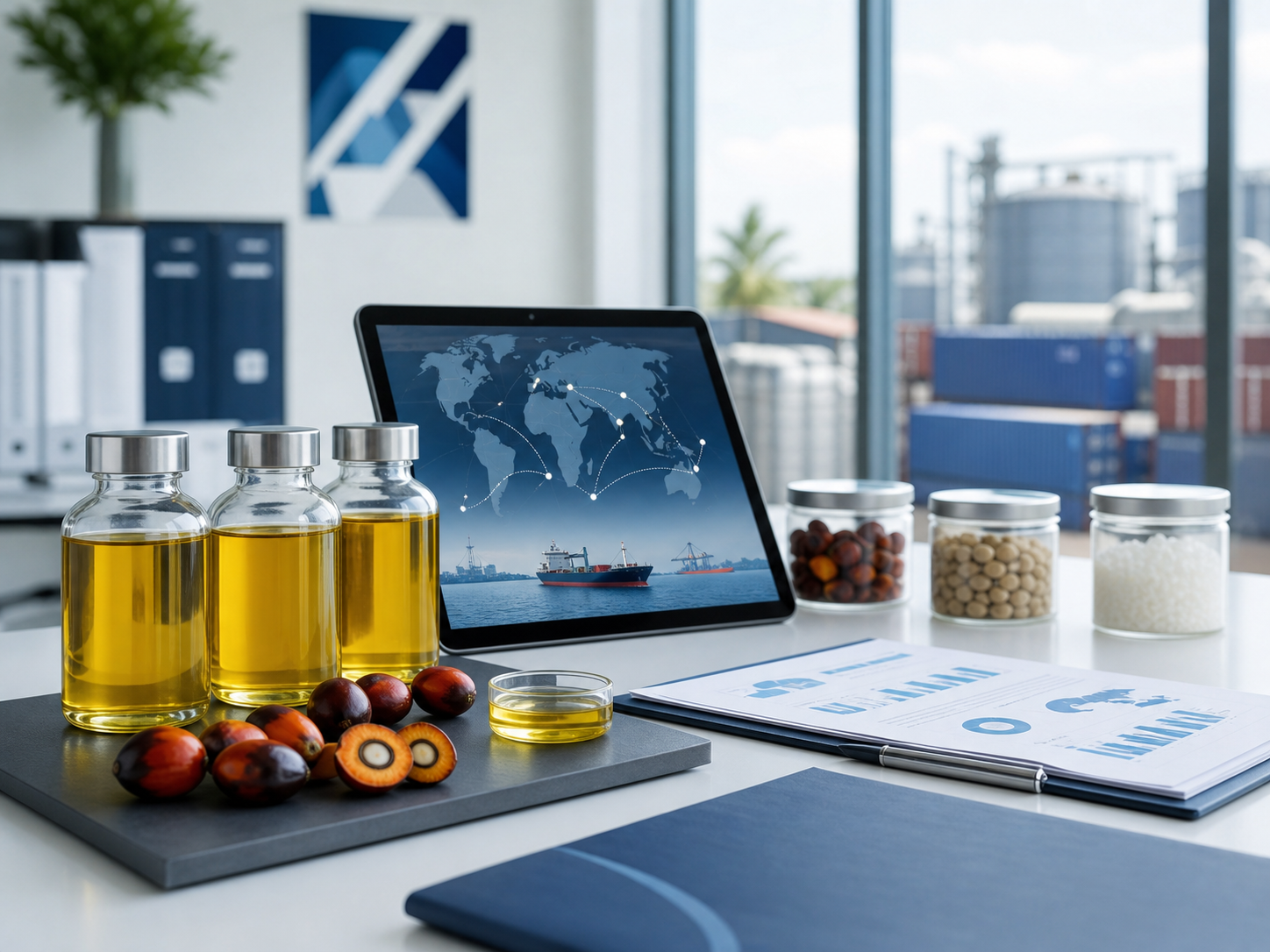 Procurement desk with edible oil samples and logistics planning
